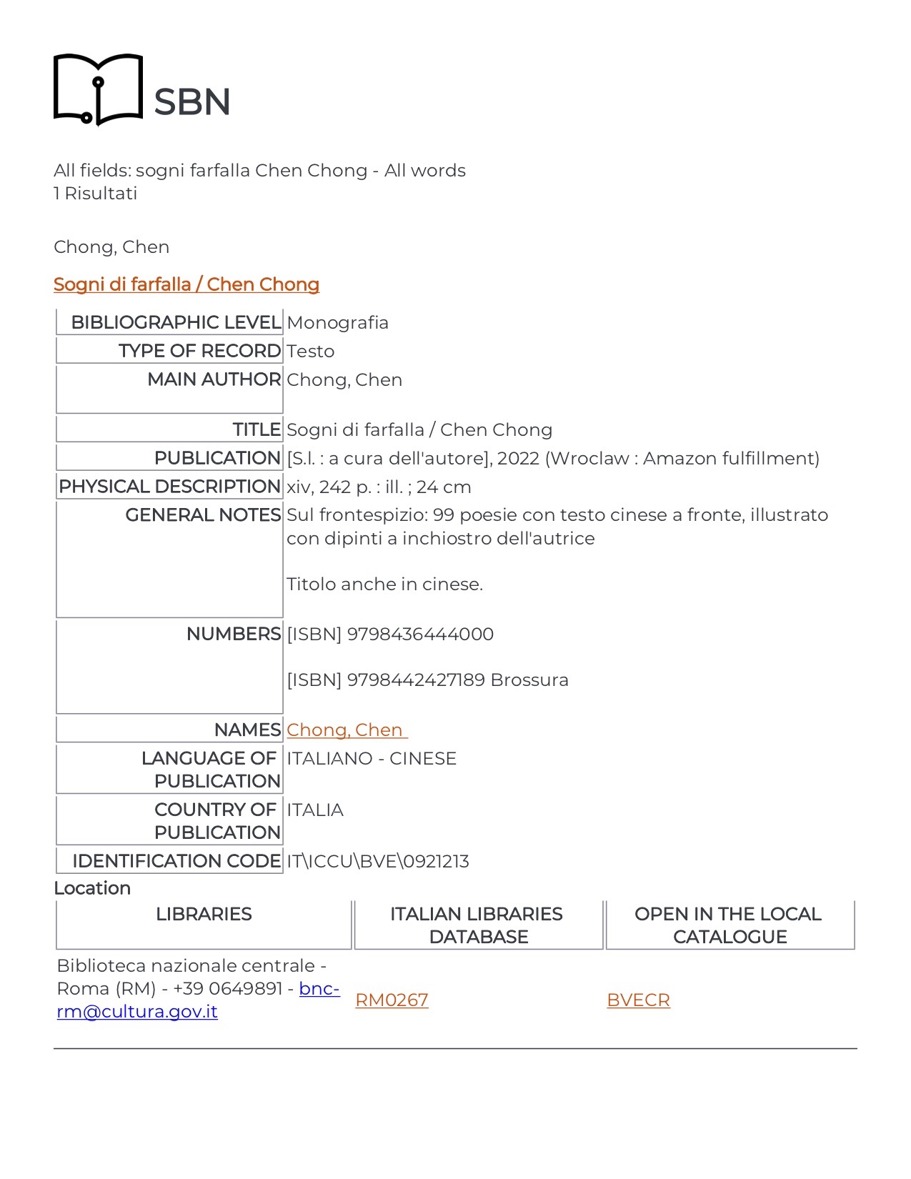 Chen Chong, Sogni di Farfalla, scheda bibliografica